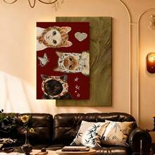 Con marco Póster de Pared de Gato en 2D Plano, 1 Pieza Enmarcado - Pintura Moderna en Lienzo Envolvente Vertical con Fondo Rojo y Gatos con Pañuelo, Decoración Colgante Adecuada para Dormitorio, Cocina, Oficina - Decoración de Invierno/Primavera, Lienzo de Tinta - Enmarcado - Ver 1