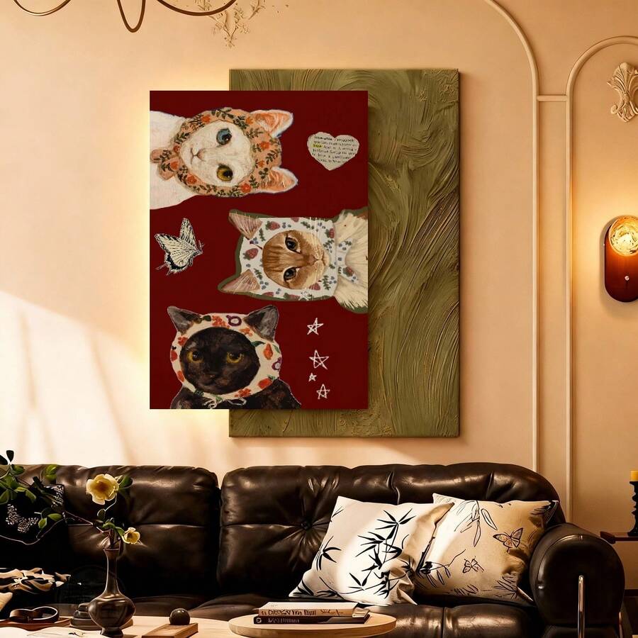 Con marco Póster de Pared de Gato en 2D Plano, 1 Pieza Enmarcado - Pintura Moderna en Lienzo Envolvente Vertical con Fondo Rojo y Gatos con Pañuelo, Decoración Colgante Adecuada para Dormitorio, Cocina, Oficina - Decoración de Invierno/Primavera, Lienzo de Tinta - Enmarcado - Ver 1