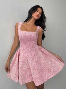 Vestido elegante de longitud media con estampado de jacquard para mujer en verano - Rosa - Ver 2