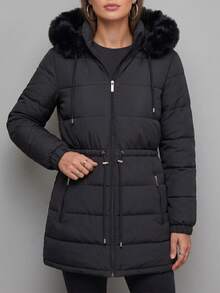 Women's Puffer Jacket With Faux Fur Lining For Winter With Hood - màu đen - Xem 8