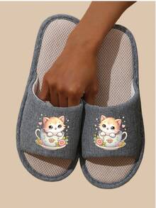 Cute Cat Mug + "Healing Time" Slogan Linen Slip-On Slippers, Non-Slip Wear-Resistant, Suitable For Women All Seasons - Blue - View 1