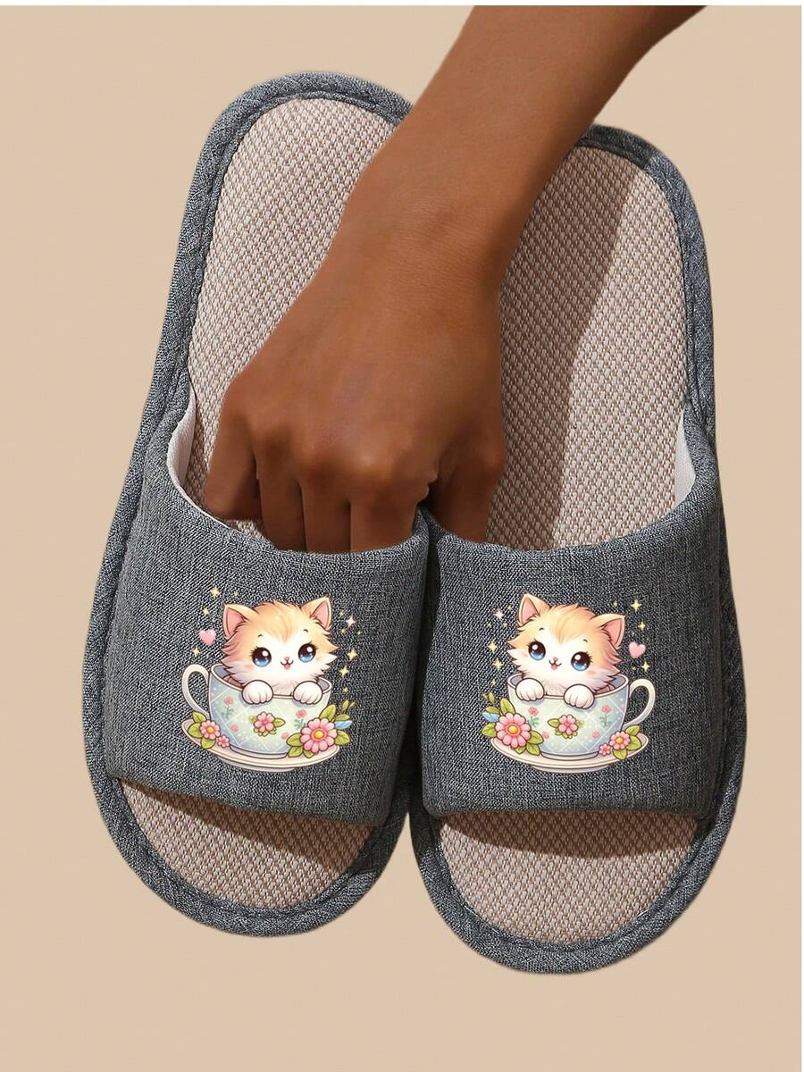 Cute Cat Mug + "Healing Time" Slogan Linen Slip-On Slippers, Non-Slip Wear-Resistant, Suitable For Women All Seasons - Blue - View 1