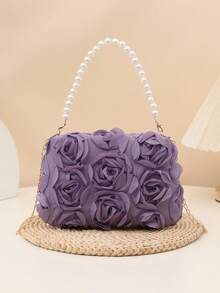 1 pezzo Borsa a tracolla 3D con fiore di rosa, catena di perle, versatile per uso quotidiano, pendolarismo, appuntamenti, abbigliamento da sera - Multicolore - Visualizzare 4