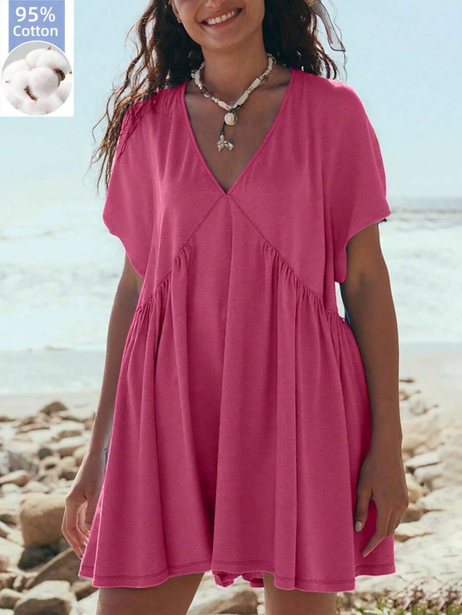 Women Summer T Shirt Dress Short Sleeve Mini Loose V Neck Flowy Pocket Sundress Casual Beach Loungewear Sporty - 玫瑰紅 - 查看 1