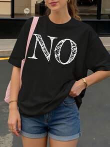 Camiseta Oversize Negra con Estampado NO para Mujer Casual Verano - Negro - Ver 1