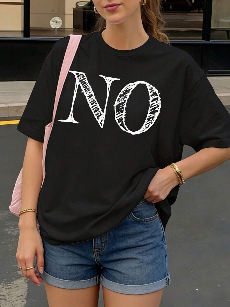 Camiseta Oversize Negra con Estampado NO para Mujer Casual Verano - Negro - Ver 1
