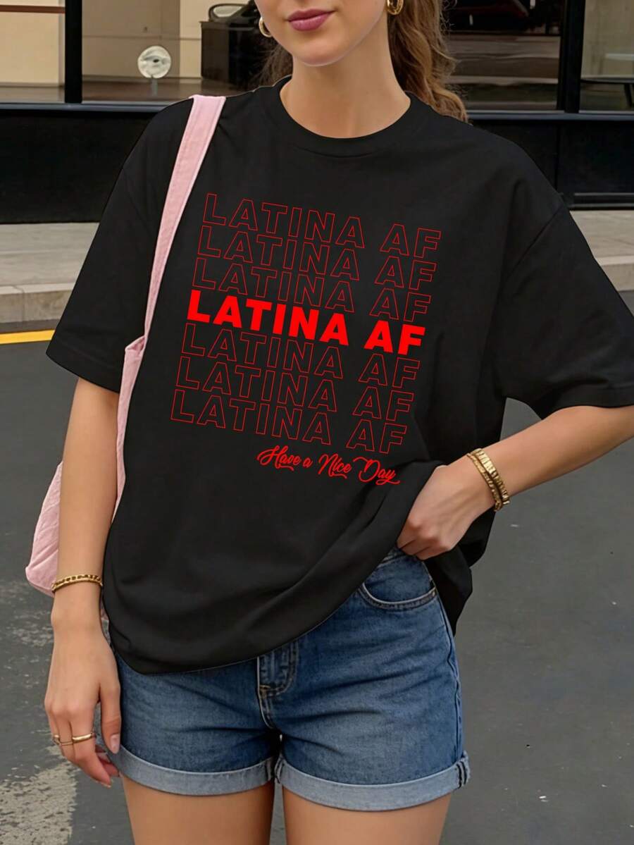 Camiseta Negra con Estampado Latina AF para Mujer Casual Verano - Negro - Ver 1