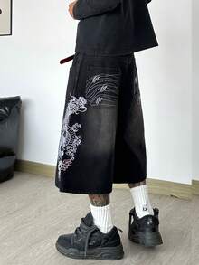 Hearty Haven 1件裝美式街頭風刺繡舒適寬鬆牛仔短褲 中長款休閒寬腿褲 男款，街頭穿搭學院風 - 不含腰帶與配件 - 黑色 - 查看 3