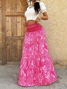 Falda larga bohemia para mujer con estampado paisley.Diseño de cinturilla elástica fruncida y volantes escalonados en capas.Estilo casual y versátil, ideal para vacaciones y uso diario, adecuada para primavera y verano. - Rosa Roja - Ver 7