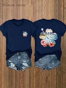 Women'S T-Shirt Beach Vacation Style, Floral Printed Boho Style, Crew Neck Casual Short Sleeve, Hibiscus Flower Graphic On Front & Back - 藏蓝色 - 查看 1