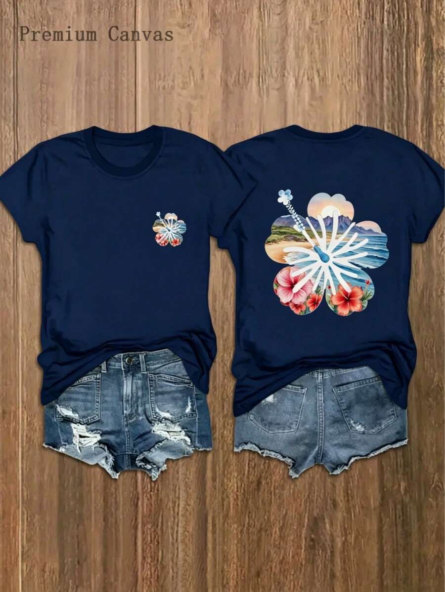 Women'S T-Shirt Beach Vacation Style, Floral Printed Boho Style, Crew Neck Casual Short Sleeve, Hibiscus Flower Graphic On Front & Back - 藏蓝色 - 查看 1