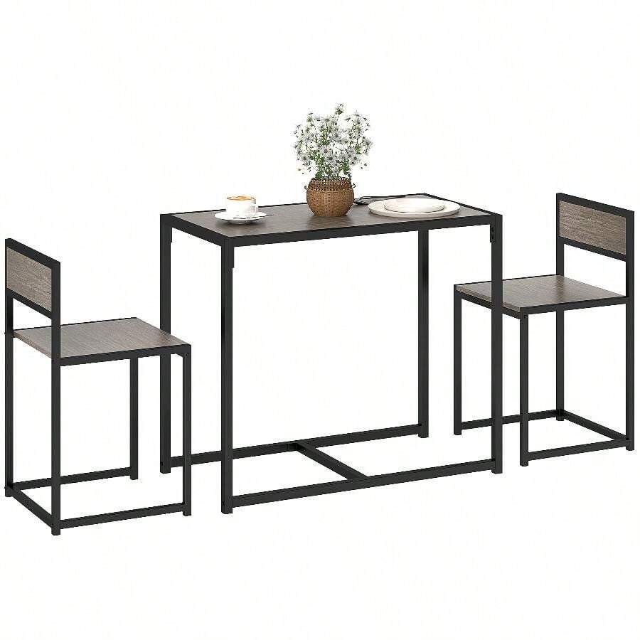 Dining Table And Chairs Set 2, Dining Room Sets, Rectangular Space Saving Table And 2 Chairs For Compact Kitchens, Steel Frame, Grey Wood-Effect - Grey - View 1