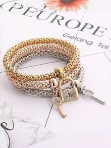 Conjunto de pulsera con dije de llave con rhinestones de moda, conjunto de pulsera elástica de cuentas de maíz de 3 colores de aleación, joyería de verano - Multicolor - Ver 4