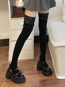 1 Pair White Knee-High Lace Socks, Women's Thigh-High Leg Warmers, Y2K Style, Suitable For Spring, Autumn & Winter - trắng - Xem 8