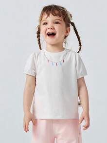 mini bala 2026夏季女童短袖T恤，竹纖維棉，吸濕排汗，透氣，花瓣袖，可愛印花，休閒穿著 - 珍珠白 - 查看 1