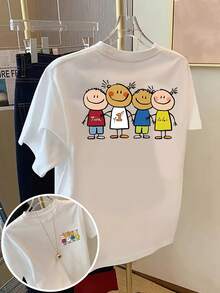 Talla unisex. Camiseta de algodón de verano de talla grande para mujer. Camiseta de manga corta con estampado frontal y trasero - Día del Niño, estampado de moda de amistad - Camiseta de mujer con estampado de moda primavera/verano, artículo de moda. Material absorbente de sudor, suave y agradable para la piel. - Blanco - Ver 6