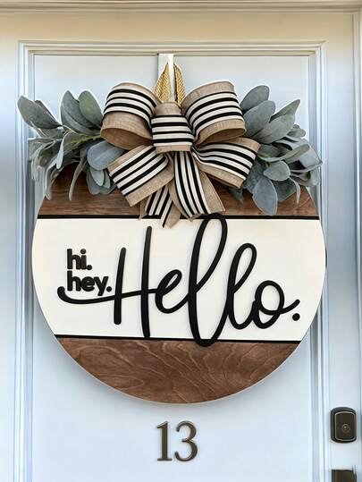 Vòng hoa chào mừng Hi Hey Hello, Biển treo cửa Hello, Biển hiệu Hello, Biển chào mừng trang trí nơ, Biển treo cửa thời trang, Biển treo cửa hiện đại, Vòng hoa cửa trước, Trang trí nhà cửa, Trang trí tường, Quà tân gia