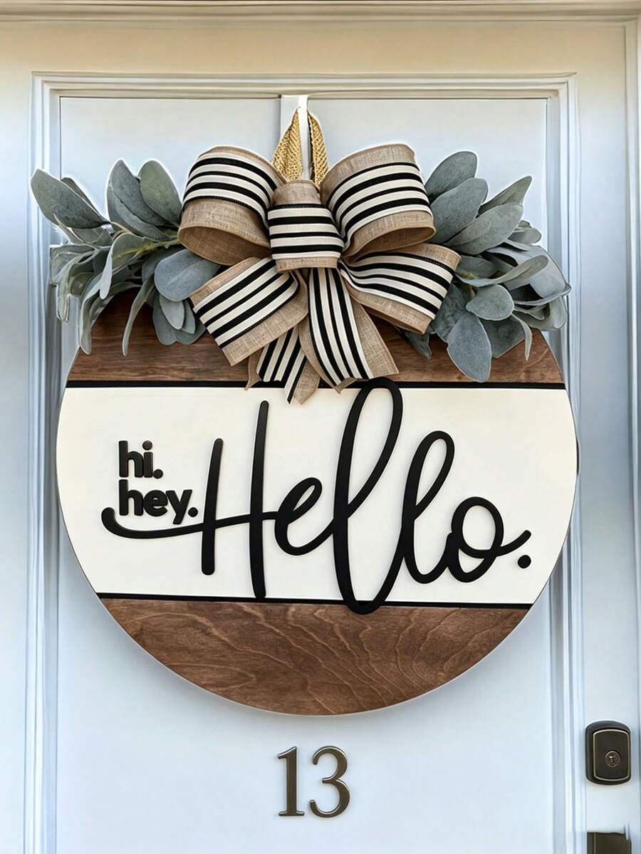 Hi Hey Hello Front Door Wreath, Hello Door Hanger, Hello Door Sign, Bow Decor Welcome Sign, Fashionable Door Hanger, Modern Door Hanger, Front Door Wreath, Home Decor, Wall Decor, Housewarming Gift - Hi Flower Wreath - View 1