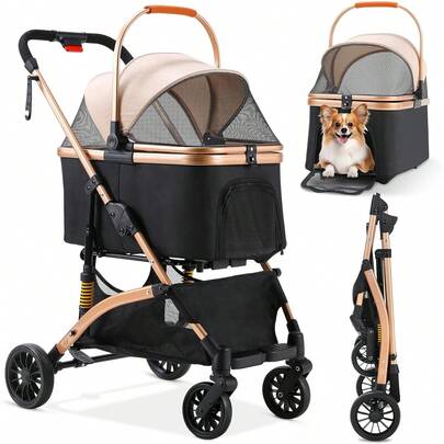 Foldable Pet Stroller - 3 In 1 Dog And Cat Pushchair With Storage Basket Net Window Cup Holder - 360° Wear-Resistant Rubber Wheels Travel Carrier For Small Pets