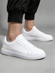 Clean White Modern Men's Sneakers, Low-Cut Skate Style With Lightweight EVA Outsole And Streamlined Silhouette - White 1 - View 4