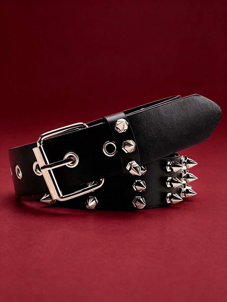 1pc Gothic Style Triple Row Rivet Spiked Women's Belt, Solid Color Punk PU Leather