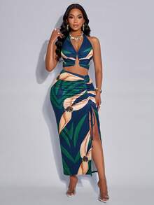 AIJ Amarilo Women's Elegant Tropical Print Ruched Hollow Out Fitted Metal Ring Buckle Niche Design Sleeveless Backless Camisole Top And Drawstring High Slit Skirt Two Pieces Set (Positioning Print) Summer - Dark Green - View 7