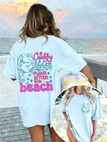 2026 Tropical Vacation OutfitsIf Crabby Please Return To The Beach Double Sided Crab Graphic Tee, Coastal Aesthetic Graphic Tees Women, Summer Fits F - 淺藍色 - 查看 10