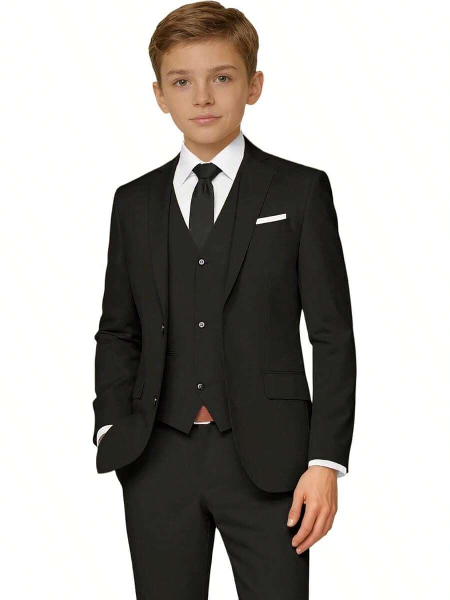 2026 Boys 5-Piece Formal Suit Set, Kids Wedding Communion Easter Tuxedo, Jacket Vest Pants With Shirt And Tie, Gentleman Formal Outfit - màu đen - Xem 1