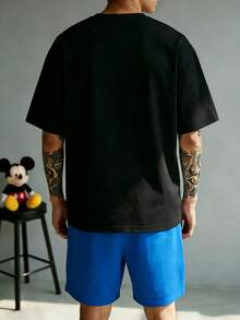 Disney 2pcs Printed Men's Casual Loungewear Set, Round Neck Top And Shorts, Suitable For Spring/Summer - Blue - View 6