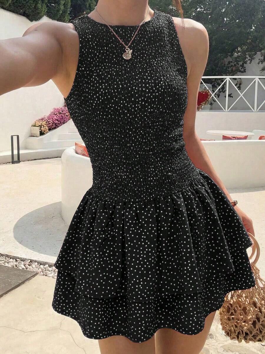Vestido corto de ajuste ceñido sin mangas con estampado de cuadros azules y cinturón, estilo francés dulce para vacaciones de verano - Negro - Ver 1