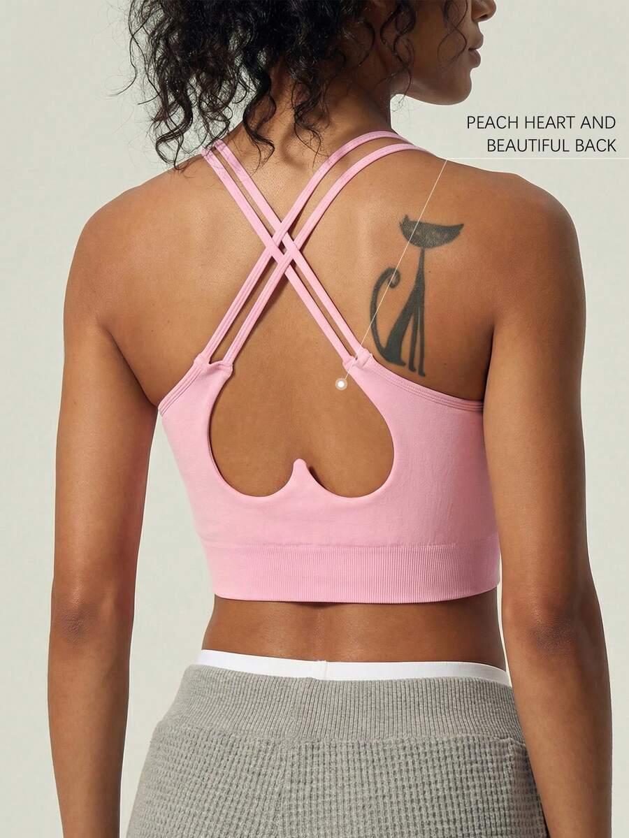 UONNOU 心形镂空运动文胸，交叉后背设计，带可拆卸罩杯 - 粉色 - 查看 1