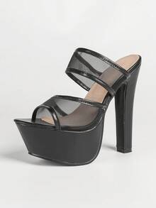 Sandalias de tacón alto de malla para mujer, mulas de moda con tacón alto y grueso para exteriores - Negro - Ver 7