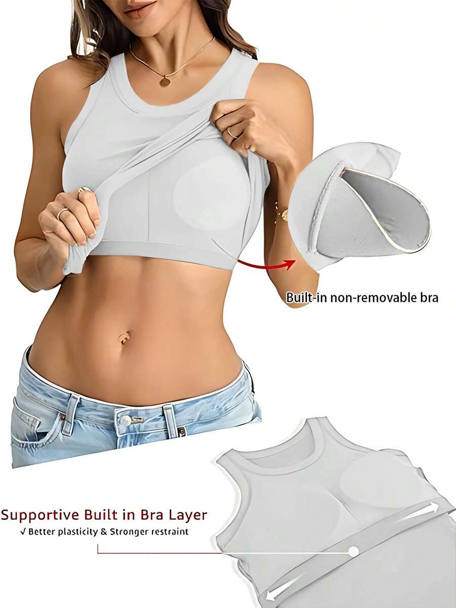 Sports Bra Vest With Non-Removable Padding - Seamless, Wire-Free Design Suitable For All Seasons, Yoga, Running, And Gym Wear. Vest With Built-In Bra, Fall Women's Wear. - 白色 - 查看 1