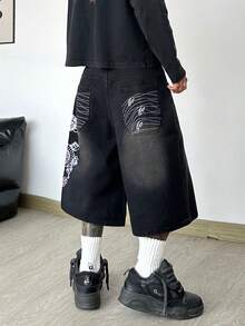 Hearty Haven 1件裝美式街頭風刺繡舒適寬鬆牛仔短褲 中長款休閒寬腿褲 男款，街頭穿搭學院風 - 不含腰帶與配件 - 黑色 - 查看 4