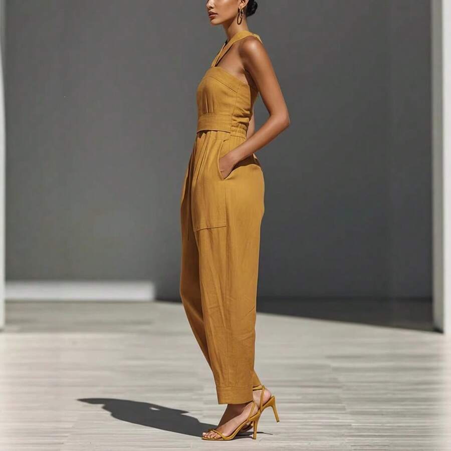 2026 New Style Linen Blend Cross Strap Loose Fit Women Jumpsuit Casual Summer Beach Playsuit High Waist Wide Leg Romper For Vacation Daily Wear - 向日葵的顏色 - 查看 1