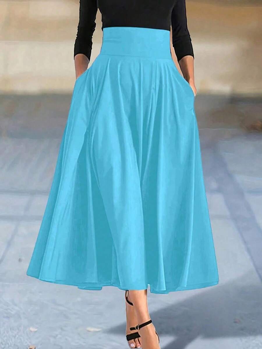 Novedad en vestidos, faldas acampanadas de Color sólido para mujer, ropa, Falda larga de cintura alta elástica para mujer con lazo, faldas elegantes para mujer - Azul cielo - Ver 1