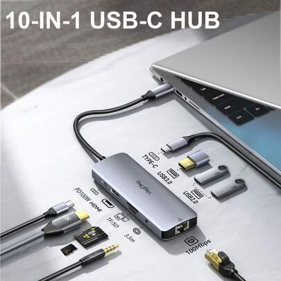 VegGieg 10合1 Type-C扩展坞适配器，适用于MacBook、Apple M系列笔记本电脑，支持4K高清电视镜像、100W PD快充、以太网接口、读卡器，多功能扩展坞
