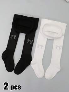 2pcs Girls' Butterfly Rhinestone Solid Vertical Striped Tights, Sweet & Cute, Suitable For Girls' Daily Wear - Black and White - View 14