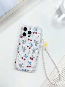Cherry Blossom Printed Wavy Edge Transparent Protective Phone Case Compatible With Iphone 17/17 Pro/17 Pro Max, 16/16 Pro/16 Pro Max/16 Plus, 14, 15, P14, P13, P12, P11, Shock-Proof Creative Phone Cover - Multicolor - View 2