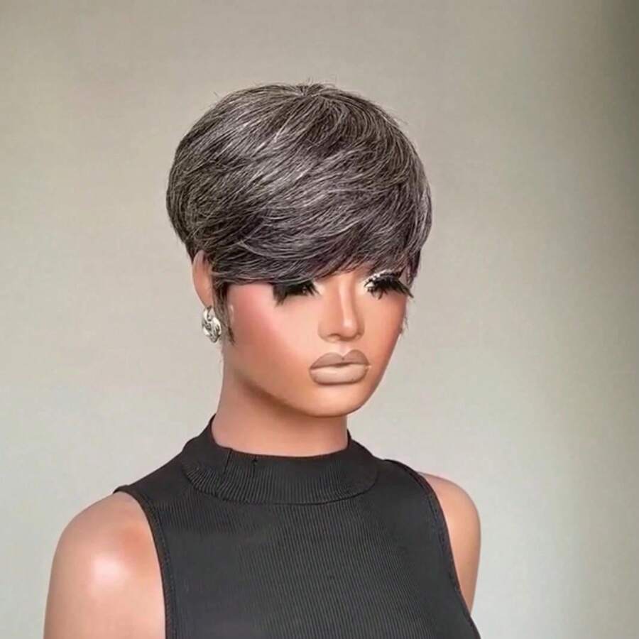 Short Pixie Cut Wigs For Women Human Hair Salt And Pepper Grey Pixie Short Wig For Black Mixed White Wig For White Women Layered Wigs With Bangs For Women Human Hair Wig For Daily Party Use Get Up And Go Wig