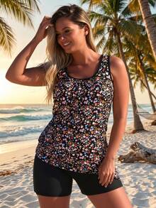 2026 New Fashion Swimsuit Women's Black Floral Print Plus Size Tankini + Boyshort Set For Sweet Style, Fresh & Slim Fit - Multicolor - View 2