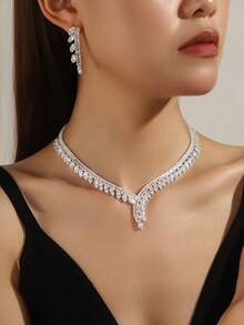 3pcs Luxury Rhinestone Single-Sided Necklace & Earrings Jewelry Set, Suitable For Bride Wedding, Daily Commute, Party, Vacation, Elegant Versatile High-End Accessories - Silver - View 5