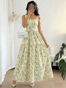 French Elegant Ruched Waist Floral Print Flared Dress, Sleeveless Flowy Dress, Light Blue Floral Summer Dress - Màu vàng - Xem 3