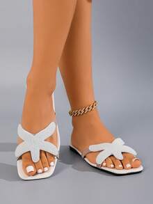 Sandalias de verano para mujer, sandalias cuadradas de moda y cómodas, sandalias brillantes con perlas, zapatos de playa y resort al aire libre, sandalias beige, zapatos planos para mujer, pantuflas de mujer - Beis - Ver 3