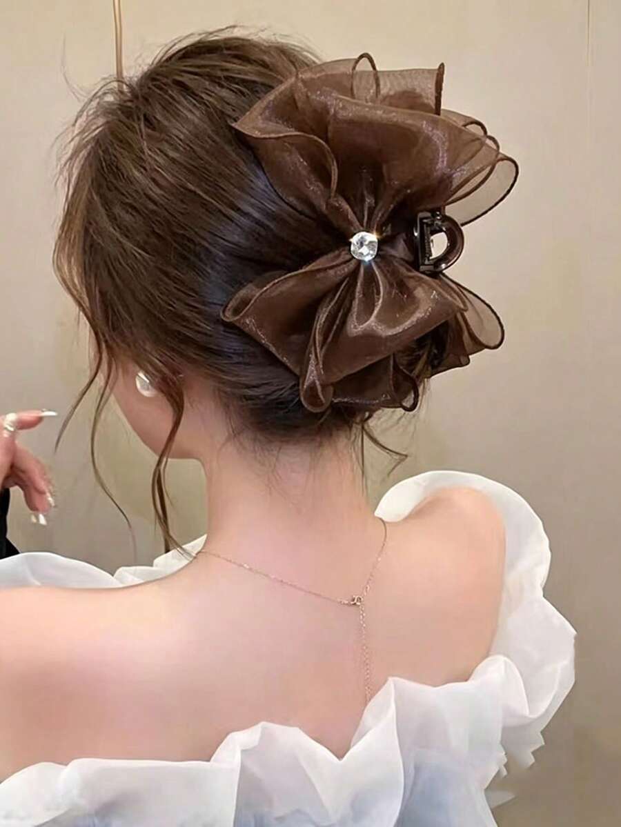 1个女士简约水晶黑色网纱蝴蝶结发夹,优雅大号发饰,适合日常佩戴、旅行、生日等场合 - 咖色 - 查看 1
