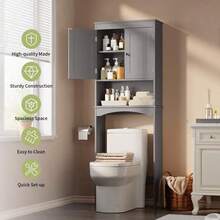66" Above Toilet Storage Cabinet, Toilet Storage Rack, Bathroom Cabinet With Adjustable Shelves And Open Cabinet, Toilet Furniture, Freestanding Shelves For Bathroom Above Toilet, Space Saving Large Above Toilet Cabinet - Xám - Xem 5