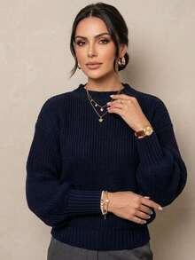 Women's Plain Basic Long-Sleeved Knit Blouse For Winter - Navy Blue - View 1