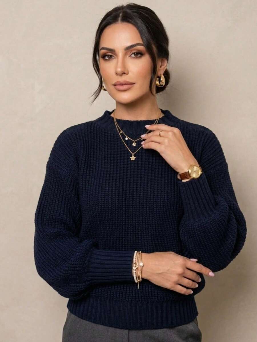 Women's Plain Basic Long-Sleeved Knit Blouse For Winter - Navy Blue - View 1