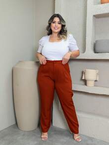 Plus Size Tailored Trousers With Button, Sizes P To G3 - Terracota - Ver 1