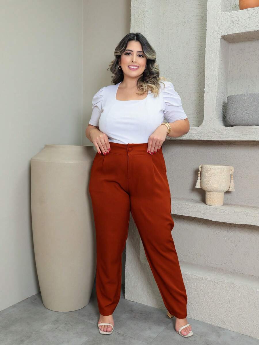 Plus Size Tailored Trousers With Button, Sizes P To G3 - Terracota - Ver 1